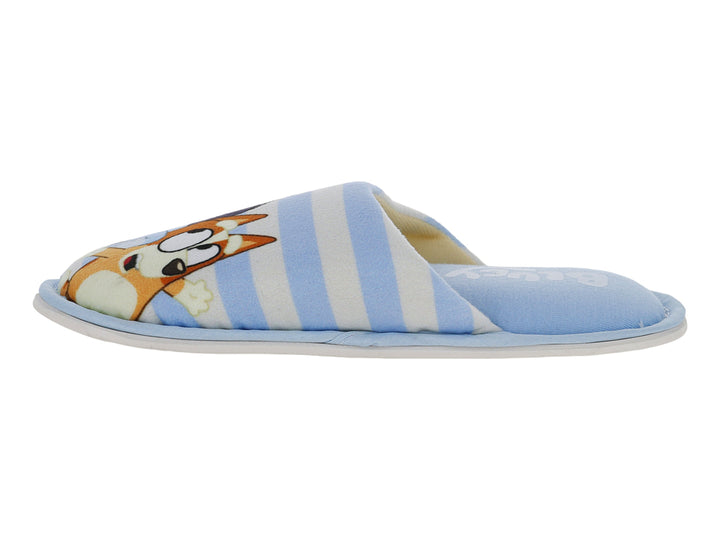 Pantufla azul con rayas blancas y diseño de personaje animado en la parte frontal.