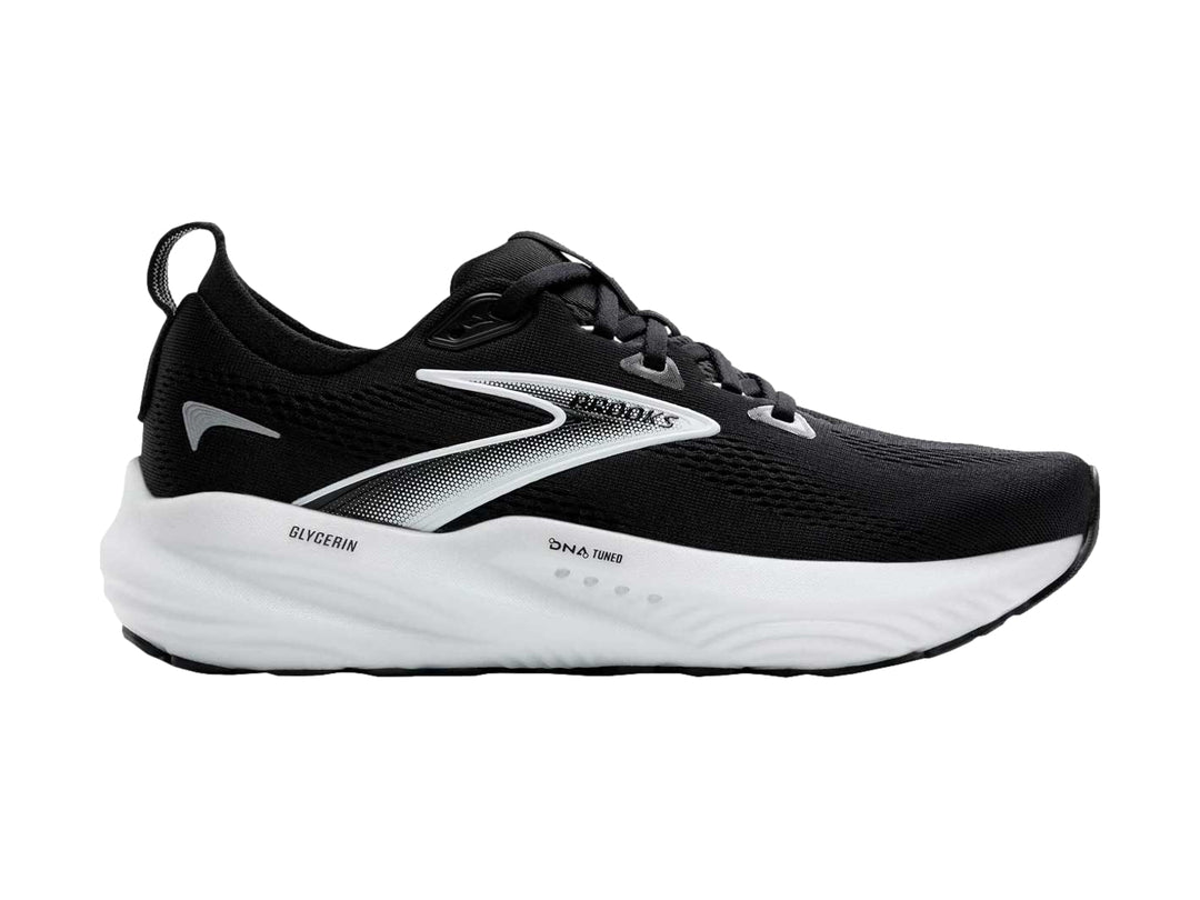 Tenis deportivos Brooks Glycerin 22 en color negro con suela blanca y detalles plateados.