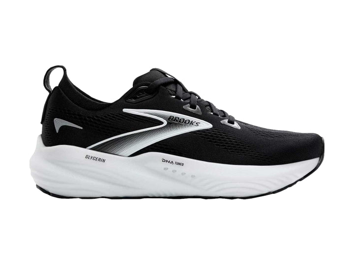 Tenis deportivos Brooks Glycerin 22 en color negro con suela blanca y detalles plateados.