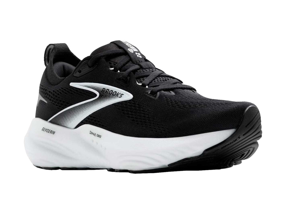Tenis deportivos Brooks Glycerin 22 en color negro con suela blanca y detalles plateados.