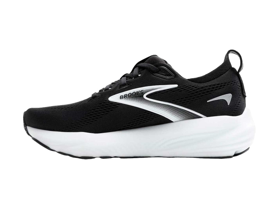 Tenis deportivos Brooks Glycerin 22 en color negro con suela blanca y detalles plateados.