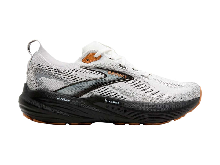Tenis deportivos Brooks Glycerin 22 en color blanco con suela negra y detalles en gris.
