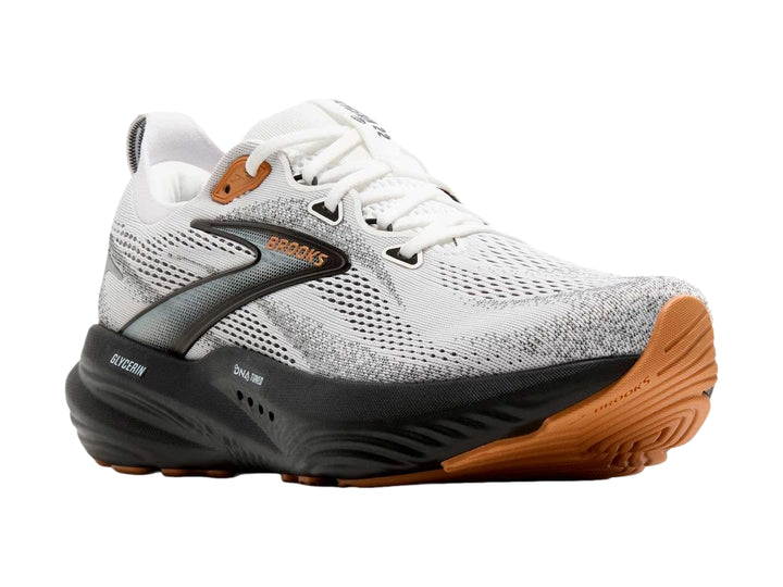Tenis deportivos Brooks Glycerin 22 en color blanco con suela negra y detalles en gris.