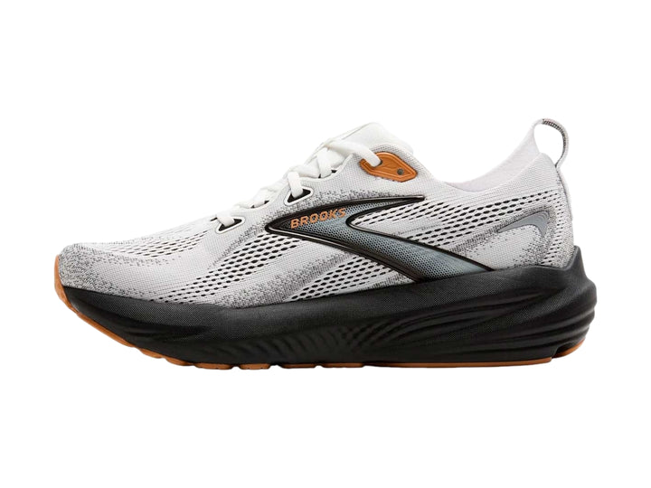 Tenis deportivos Brooks Glycerin 22 en color blanco con suela negra y detalles en gris.