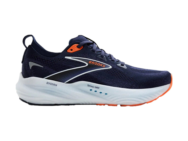 Tenis deportivos Brooks Glycerin 22 en color azul marino con detalles en naranja y suela blanca.