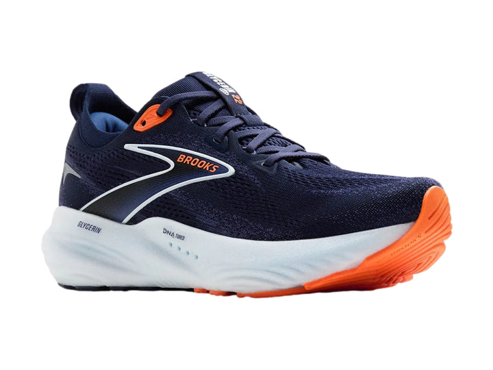 Tenis deportivos Brooks Glycerin 22 en color azul marino con detalles en naranja y suela blanca.