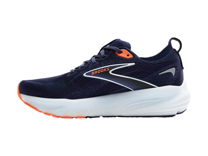 Tenis deportivos Brooks Glycerin 22 en color azul marino con detalles en naranja y suela blanca.