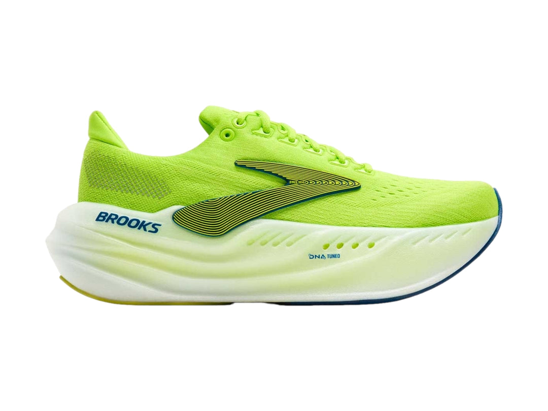 Tenis deportivos Brooks Glycerin Max en color lima con suela blanca y detalles en verde oscuro.