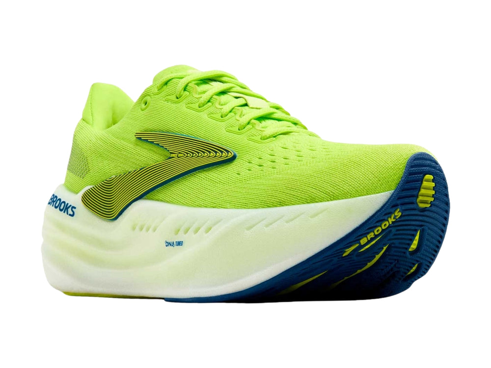 Tenis deportivos Brooks Glycerin Max en color lima con suela blanca y detalles en verde oscuro.