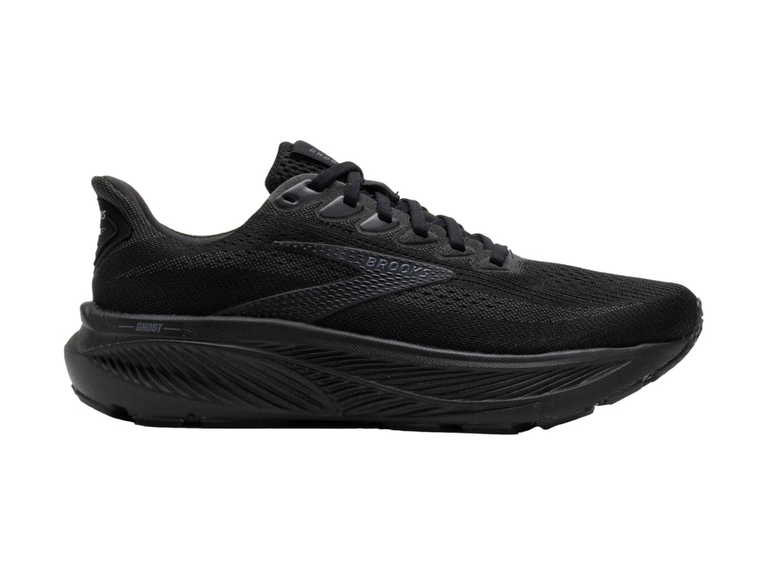 Tenis deportivos Brooks Ghost Max 3 en color negro total, vista lateral sobre fondo blanco.
