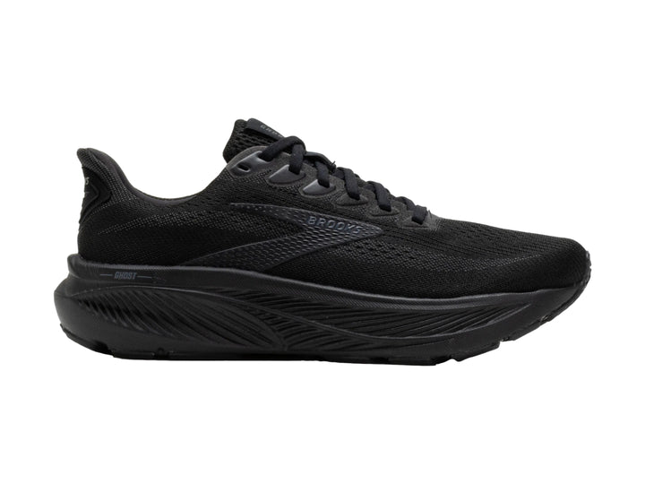 Tenis deportivos Brooks Ghost Max 3 en color negro total, vista lateral sobre fondo blanco.