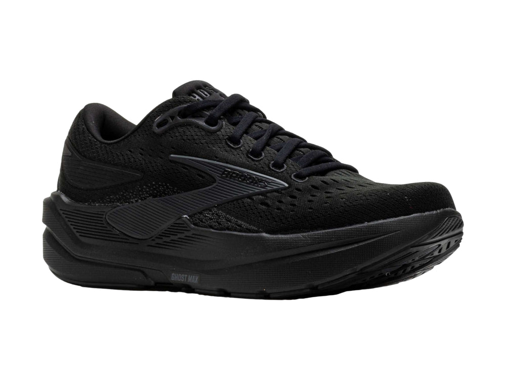 Tenis deportivos Brooks Ghost Max 3 en color negro total, vista lateral sobre fondo blanco.