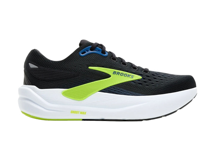 Tenis deportivos Brooks Ghost Max color negro con detalles en verde lima y suela blanca.