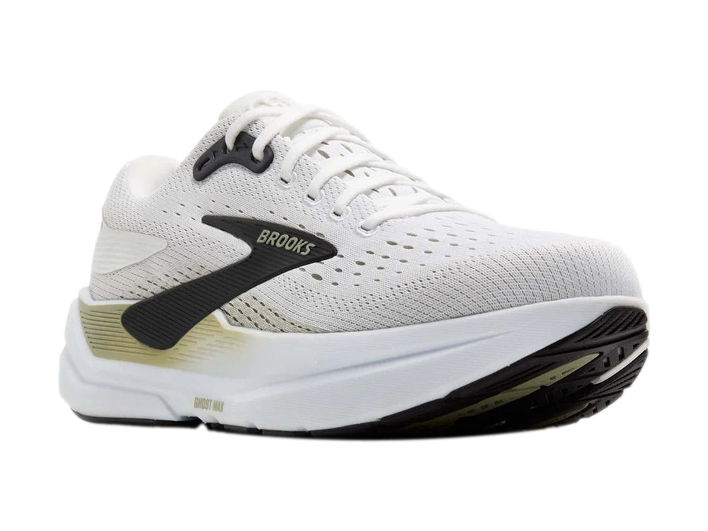 Tenis deportivos Brooks Ghost Max en color blanco con detalles en negro y beige, vista lateral.