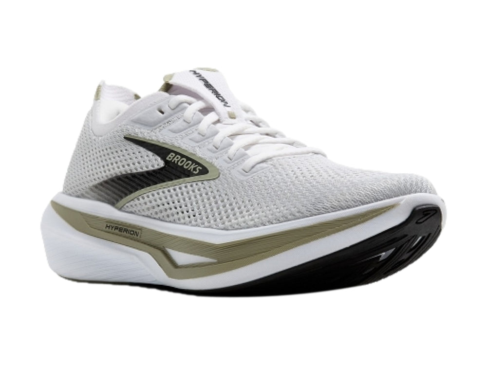 Tenis deportivos Brooks Hyperion 3 color gris claro con detalles en negro y beige.