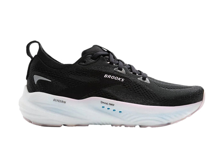 Tenis deportivos Brooks Glycerin 22 color negro con suela blanca y detalles en azul claro.