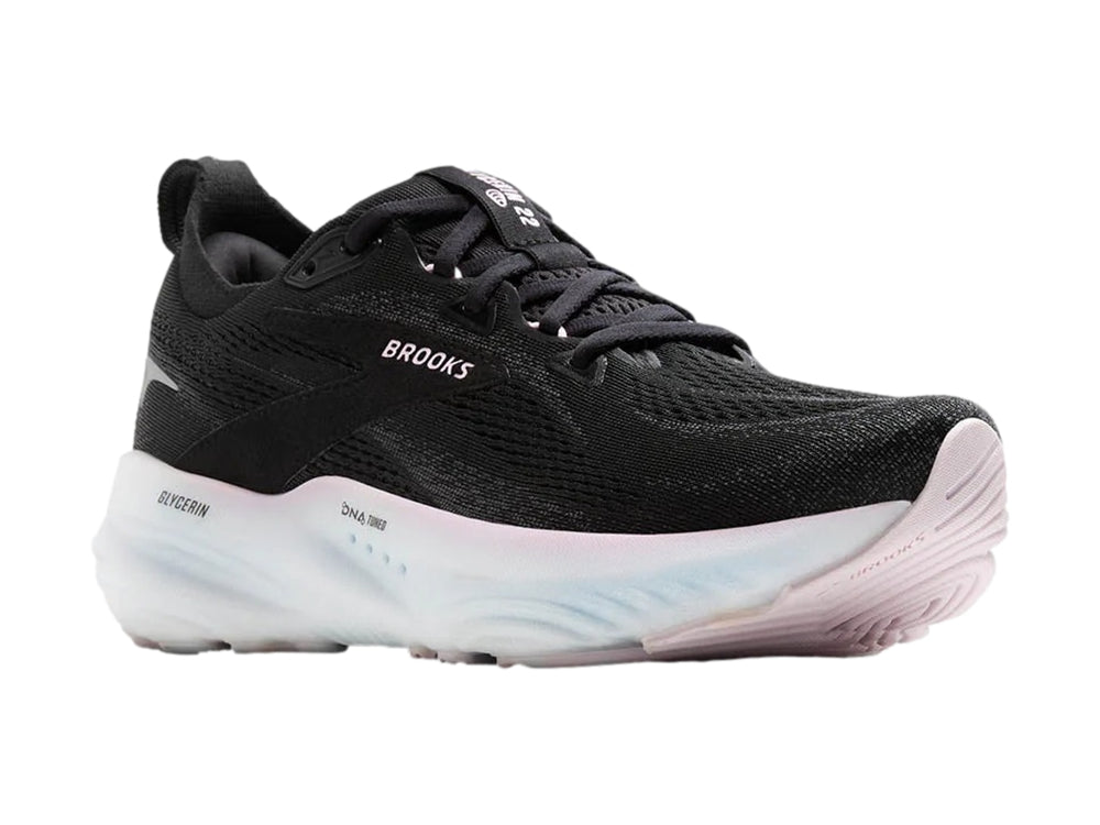 Tenis deportivos Brooks Glycerin 22 color negro con suela blanca y detalles en azul claro.