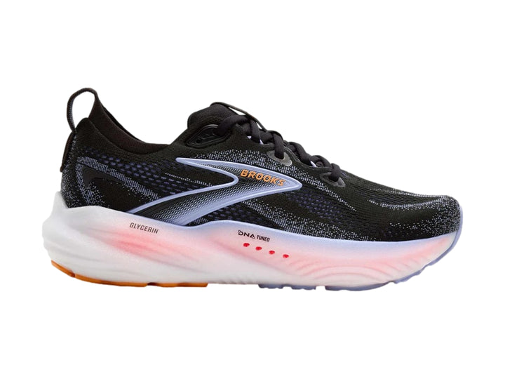 Tenis deportivos Brooks Glycerin 22 en color negro con detalles en blanco y suela degradada a naranja.