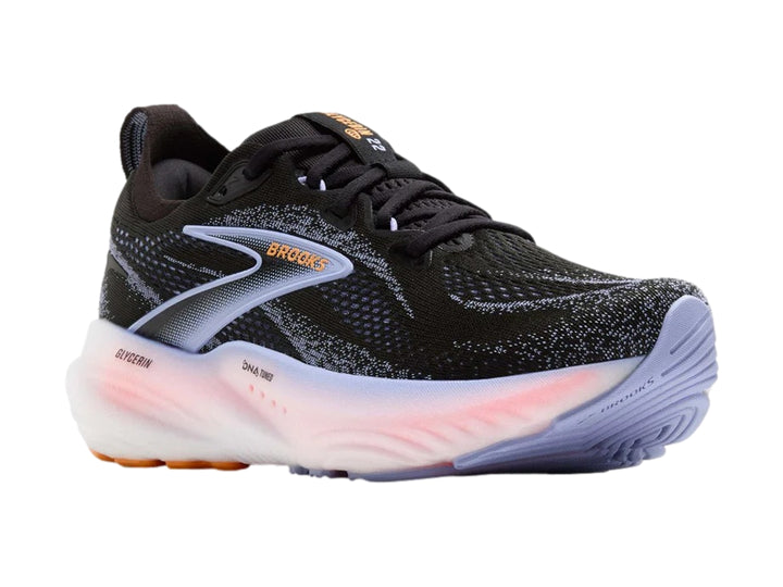Tenis deportivos Brooks Glycerin 22 en color negro con detalles en blanco y suela degradada a naranja.
