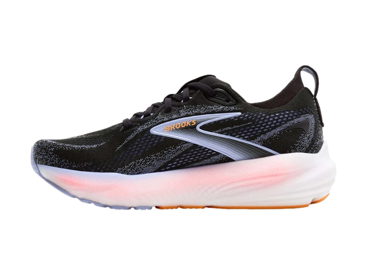 Tenis deportivos Brooks Glycerin 22 en color negro con detalles en blanco y suela degradada a naranja.