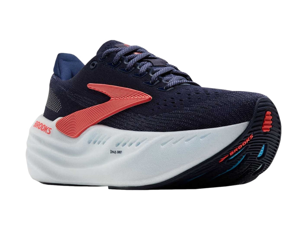 Tenis deportivos Brooks Glycerin Max color azul marino con suela blanca y detalles en rojo coral.
