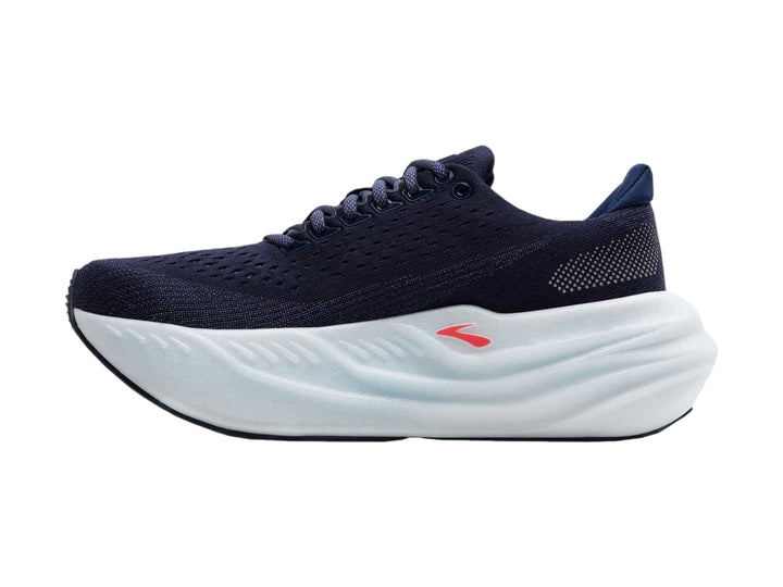 Tenis deportivos Brooks Glycerin Max color azul marino con suela blanca y detalles en rojo coral.