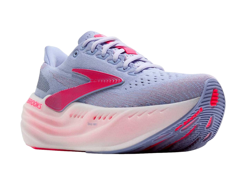 Tenis deportivos Brooks Glycerin Max en colores azul heron, rosa diva y blanco con suela amortiguada.