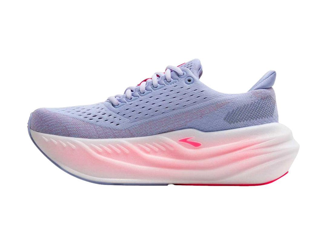 Tenis deportivos Brooks Glycerin Max en colores azul heron, rosa diva y blanco con suela amortiguada.