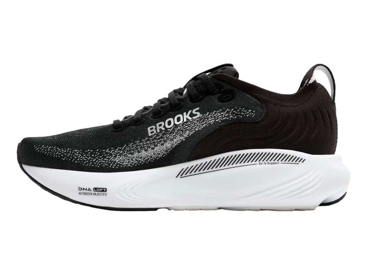 Tenis deportivos Brooks Adrenaline GTS en color negro con suela blanca y detalles en gris.