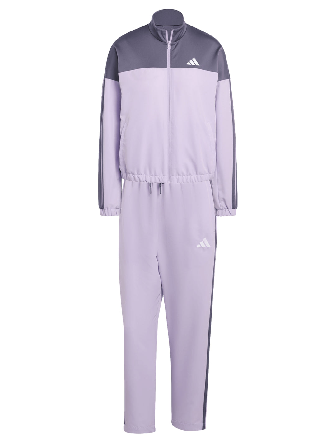Conjunto deportivo Adidas Bold Block en color lila y gris, compuesto por chaqueta y pantalón para mujer.