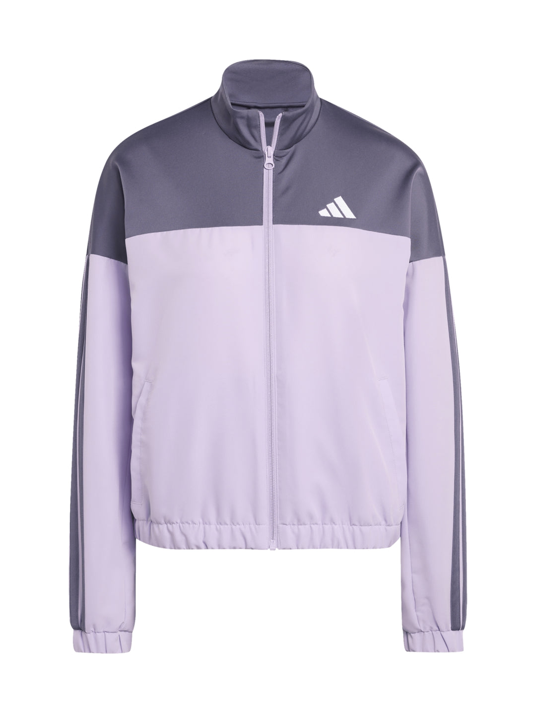 Conjunto deportivo Adidas Bold Block en color lila y gris, compuesto por chaqueta y pantalón para mujer.