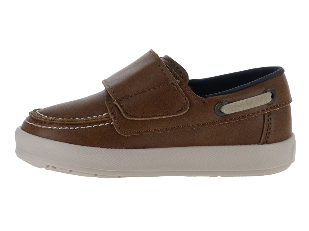Zapato náutico infantil marca YUYIN en color marrón con suela blanca y cierre de velcro.