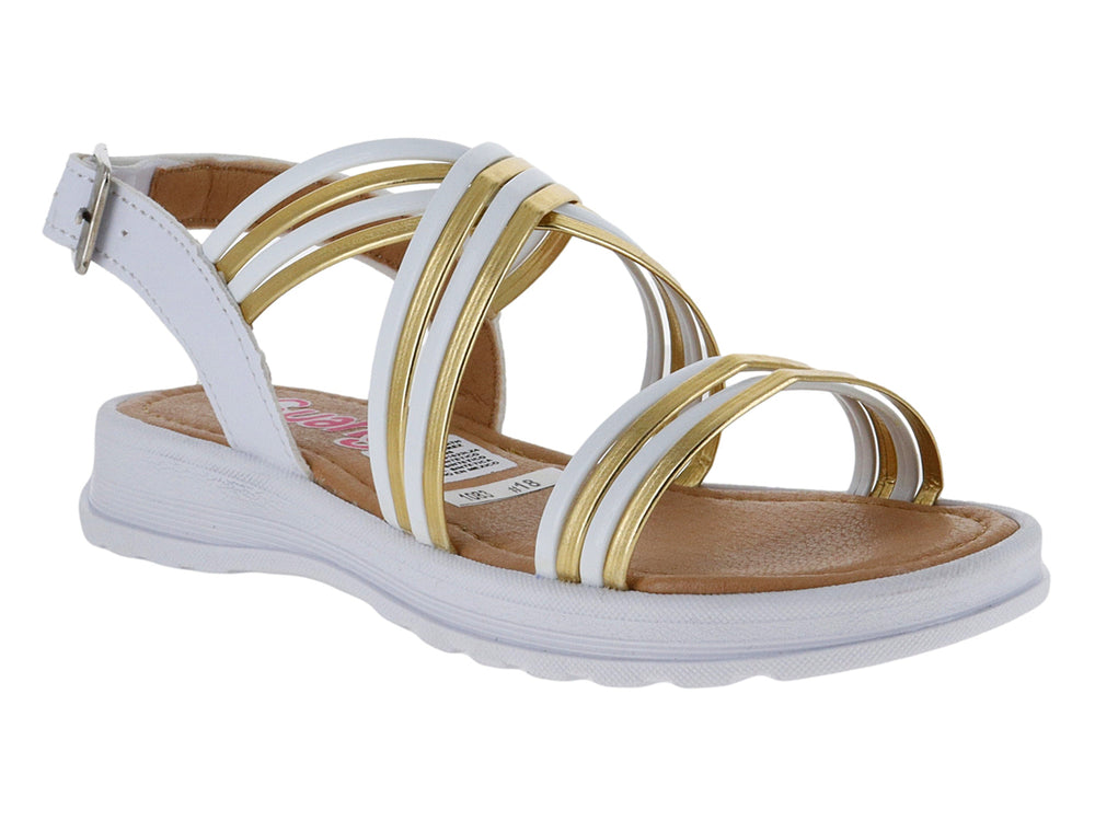 Sandalia Guany color blanco con tiras doradas y cierre de hebilla metálica.
