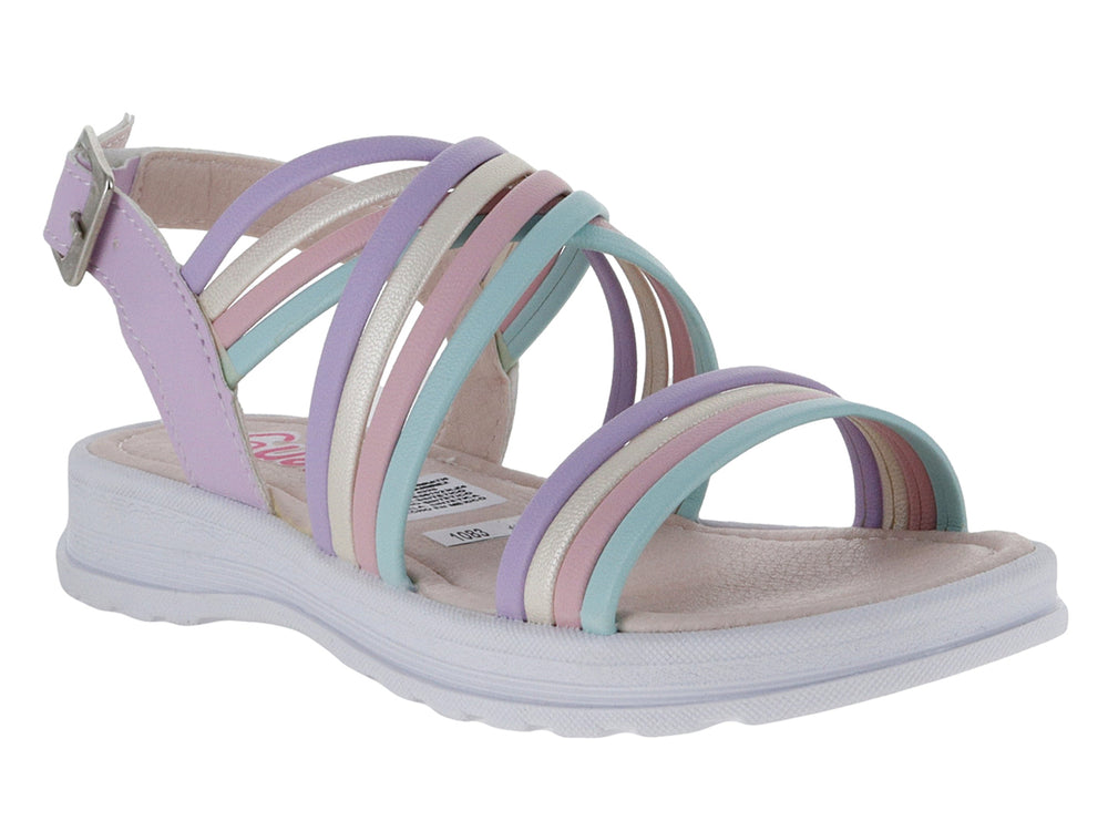 Sandalia infantil multicolor con tiras en lila, plata y azul claro y suela blanca.