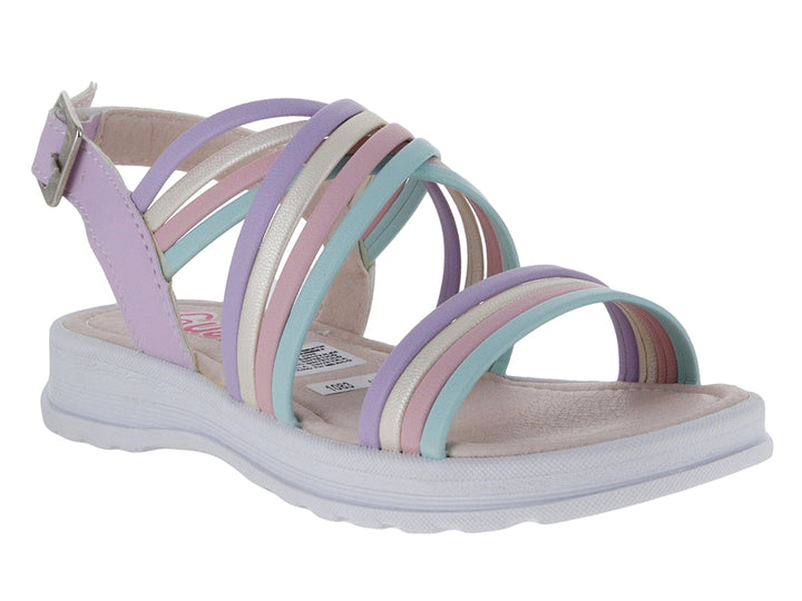 Sandalia infantil multicolor con tiras en lila, plata y azul claro y suela blanca.