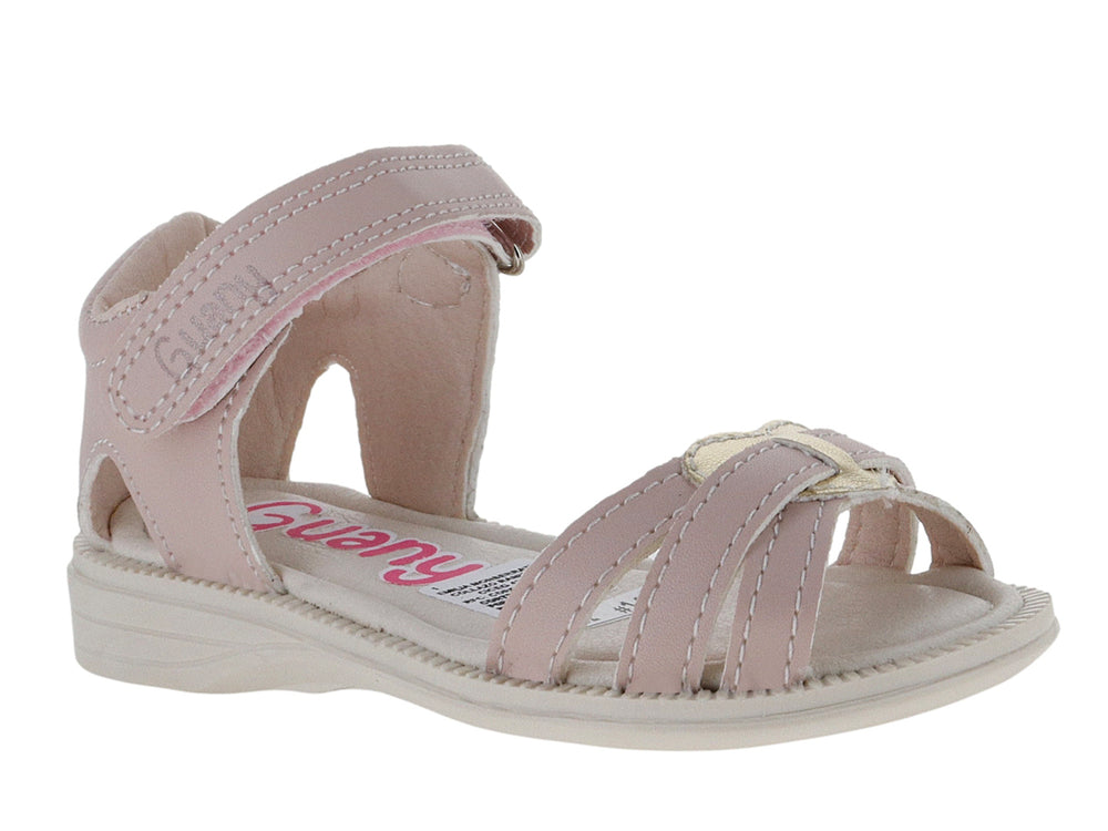 Sandalia para niña color rosa con correa de ajuste en el tobillo y suela blanca.