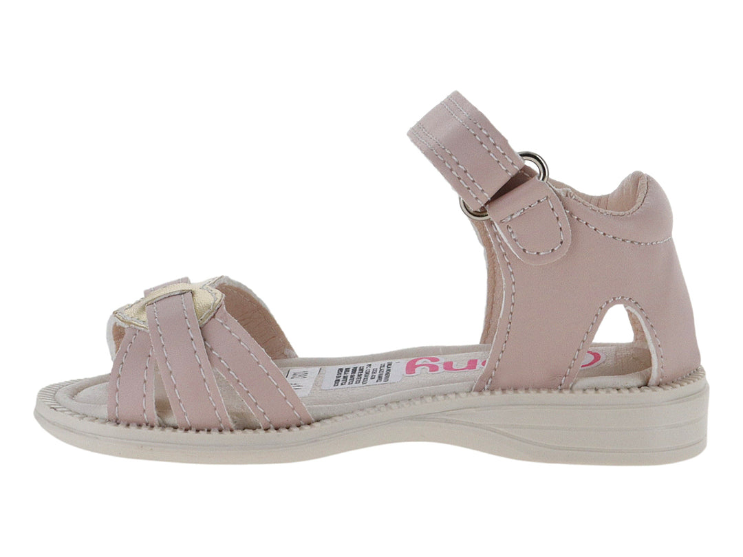 Sandalia para niña color rosa con correa de ajuste en el tobillo y suela blanca.