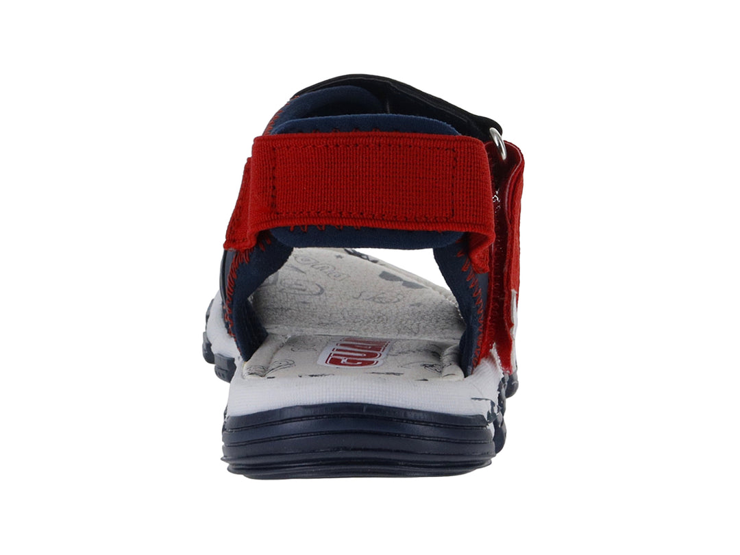 Sandalia infantil Guany en color azul marino y rojo con suela blanca y correas ajustables de velcro.