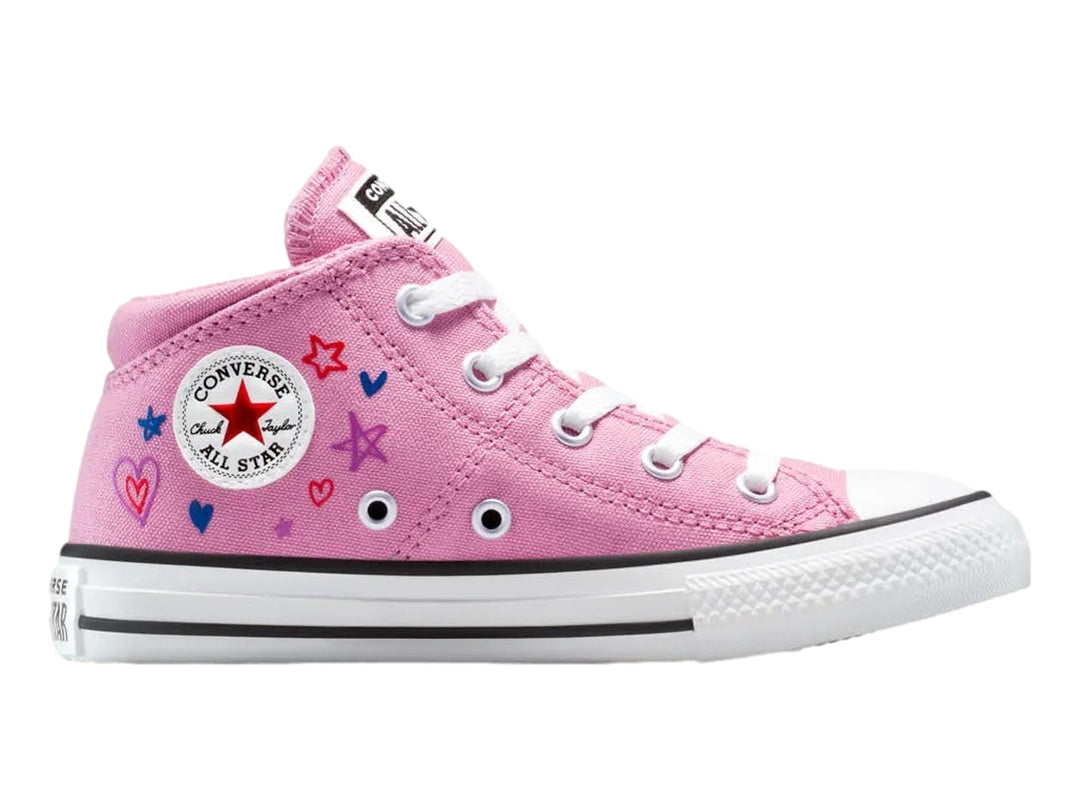 Tenis Converse Chuck Taylor All Star Madison en color rosa con estampado de estrellas y corazones multicolores.