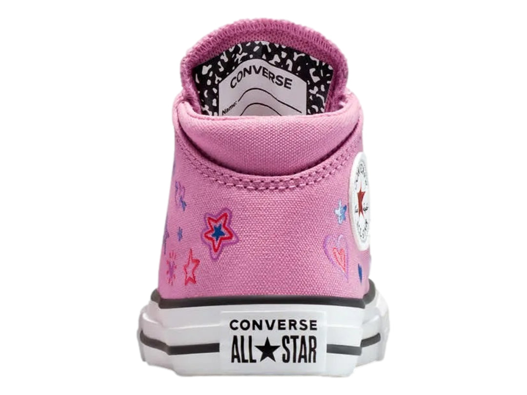 Tenis Converse Chuck Taylor All Star Madison en color rosa con estampado de estrellas y corazones multicolores.