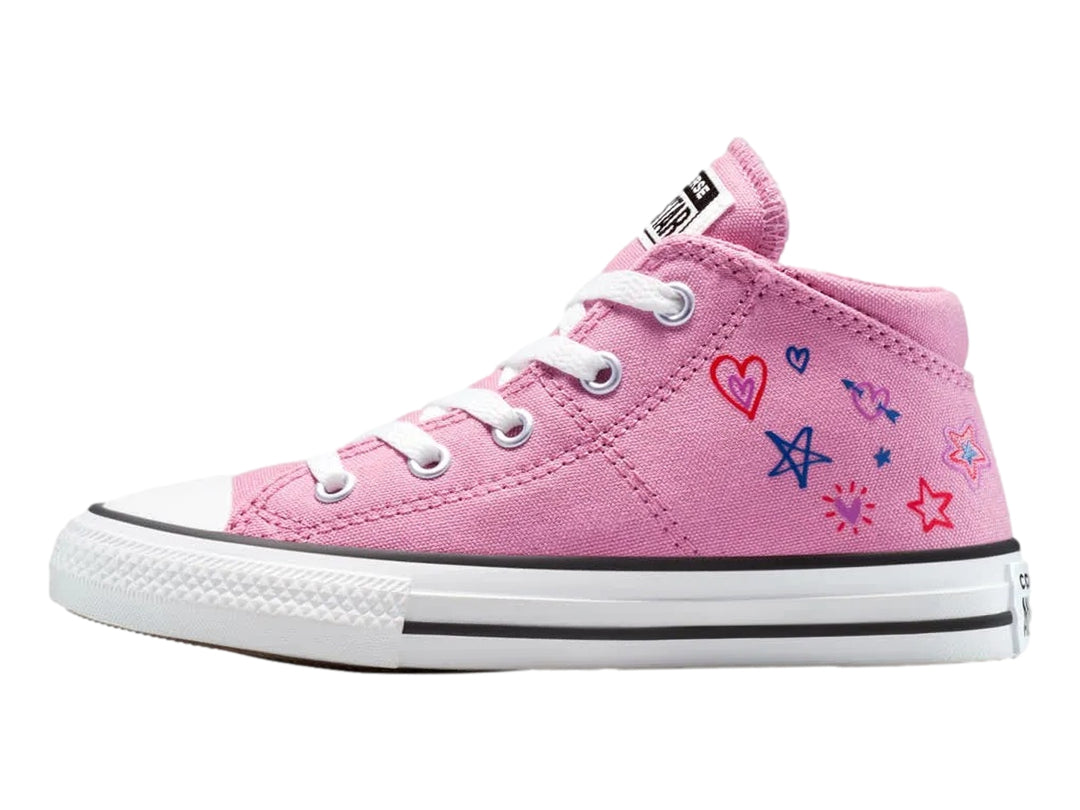 Tenis Converse Chuck Taylor All Star Madison en color rosa con estampado de estrellas y corazones multicolores.