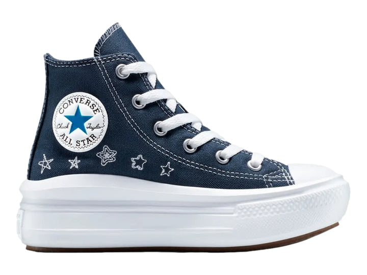 Tenis Converse azul marino de bota con plataforma blanca y detalles de estrellas blancas.