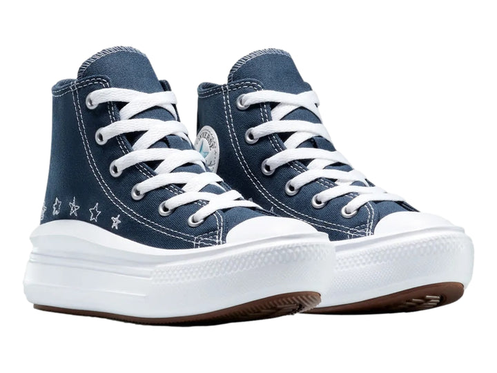 Tenis Converse azul marino de bota con plataforma blanca y detalles de estrellas blancas.