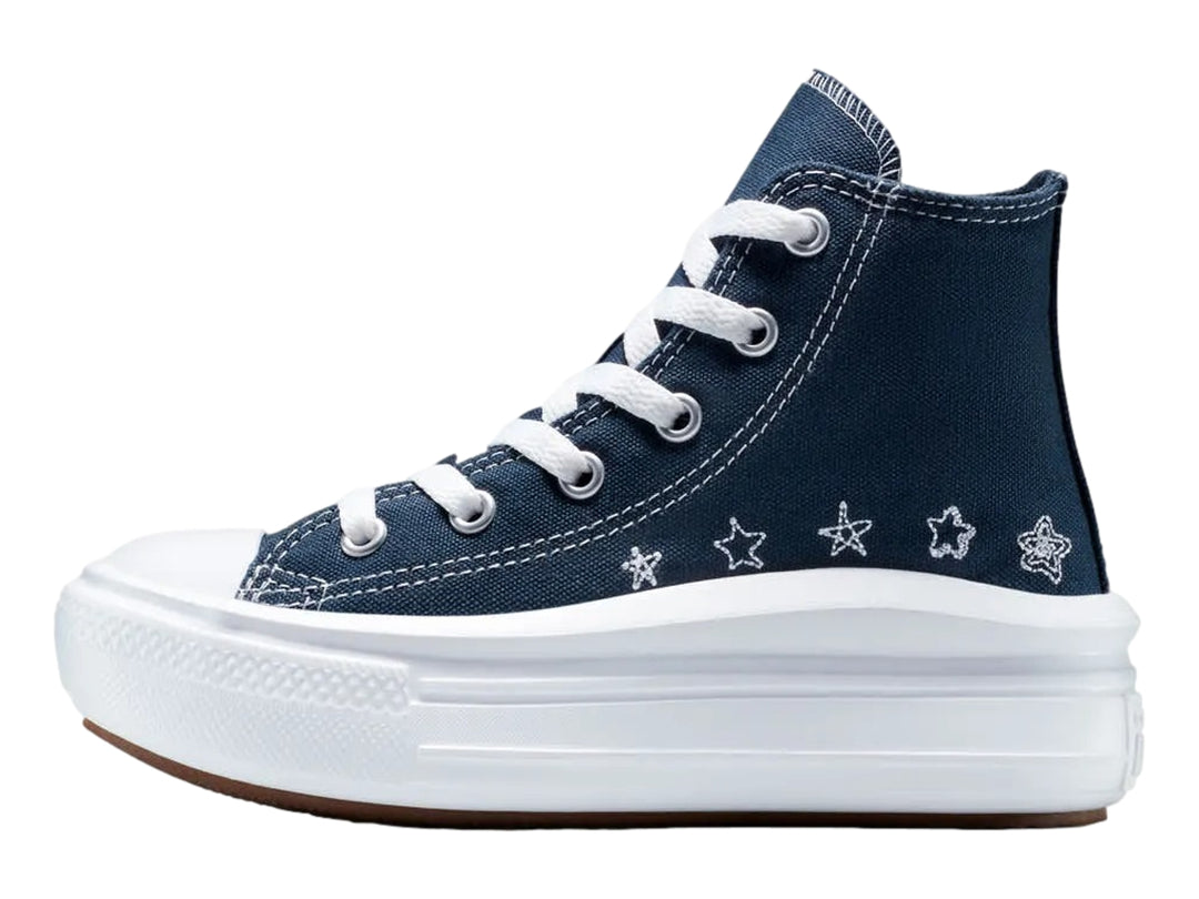 Tenis Converse azul marino de bota con plataforma blanca y detalles de estrellas blancas.