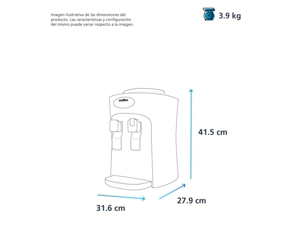 Enfriador de agua sobre mesa Mabe color blanco con dos grifos y bandeja de goteo