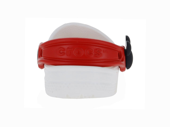 Zuecos blancos Crocs con detalles en rojo y decoraciones de Mickey Mouse y sus amigos.