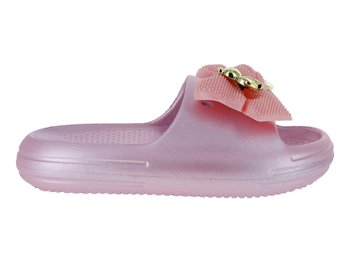 Sandalia rosa para niña con un moño decorativo y detalle dorado en la parte superior.
