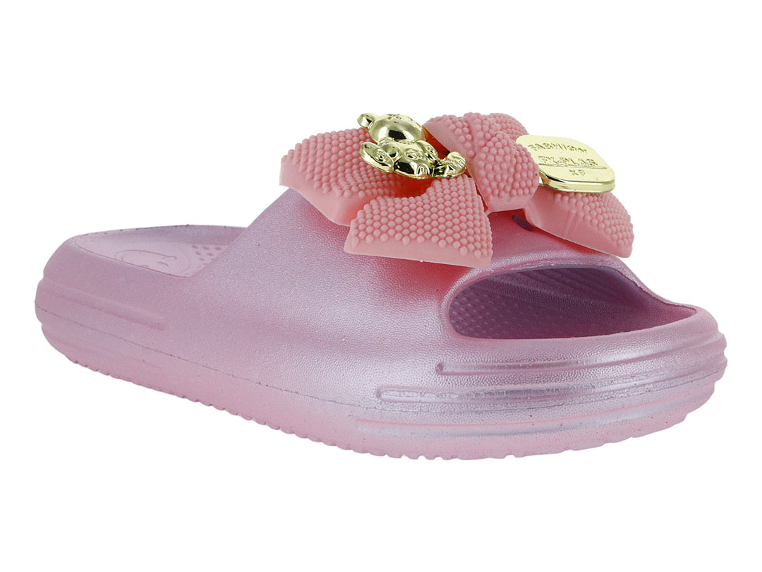 Sandalia rosa para niña con un moño decorativo y detalle dorado en la parte superior.