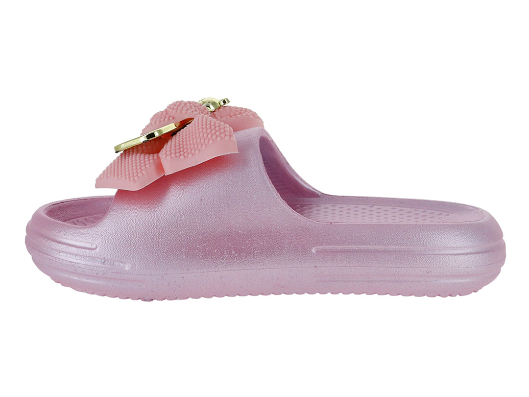 Sandalia rosa para niña con un moño decorativo y detalle dorado en la parte superior.
