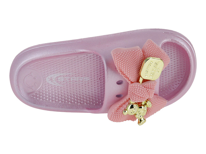 Sandalia rosa para niña con un moño decorativo y detalle dorado en la parte superior.